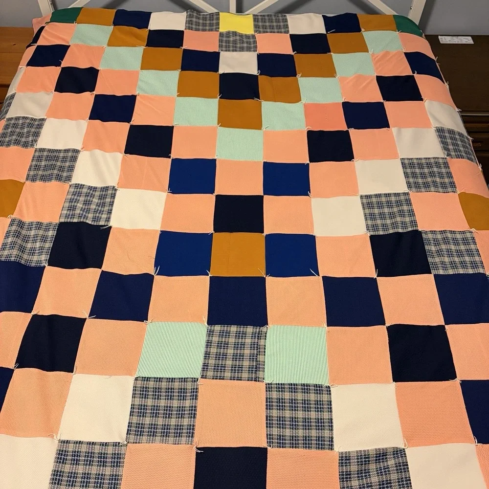 Vintage Patchwork Tie Quilt 72x96 Blue Cabin Cottage Core Granny Chic Handmade